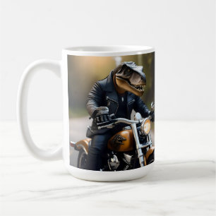 **"Revved Up Rex: T-Rex in leer op een motor Koffiemok