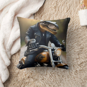 **"Revved Up Rex: T-Rex in leer op een motor Kussen