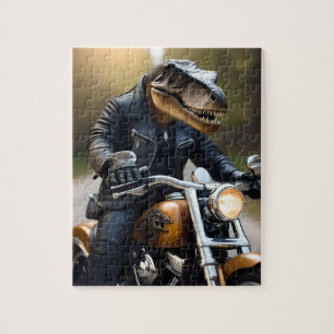 **"Revved Up Rex: T-Rex in leer op een motor Legpuzzel