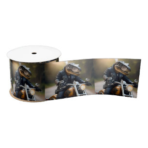 **"Revved Up Rex: T-Rex in leer op een motor Satijnen Lint