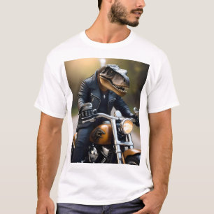 **"Revved Up Rex: T-Rex in leer op een motor T-shirt