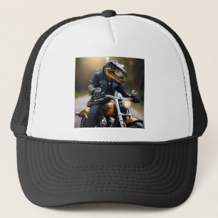 **"Revved Up Rex: T-Rex in leer op een motor Trucker Pet