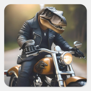 **"Revved Up Rex: T-Rex in leer op een motor Vierkante Sticker