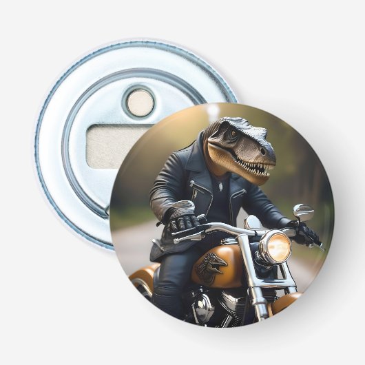 Revved Up Rex: T-Rex in leer op een motorfiets, Button Flesopener (Voorkant)