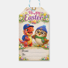 Rex and hoot happy Easter dinosaur and owl gift ta Cadeaulabel