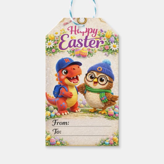 Rex and hoot happy Easter dinosaur and owl gift ta Cadeaulabel (Voorkant)