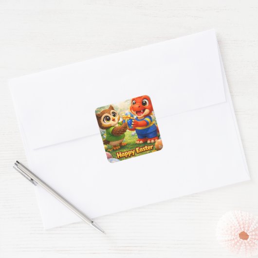 Rex and hoot happy Easter Square envelope seal Vierkante Sticker (Envelop)