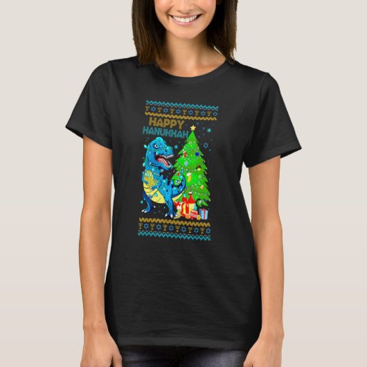 Rex Dinosaur Christmas Tree Happy Hanukkah Chanukk T-shirt (Voorkant)