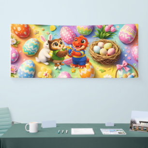 Rex en uil speelse paaseierenjacht indoor deel spandoek