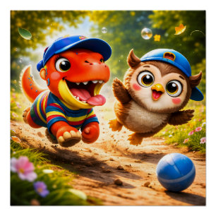 Rex en uil speeltijd leuk kleurrijke muur voor de  perfect poster