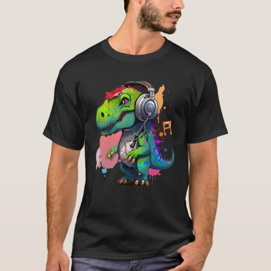 rex with headphones music cute dinosaur for kids t-shirt (Voorkant)
