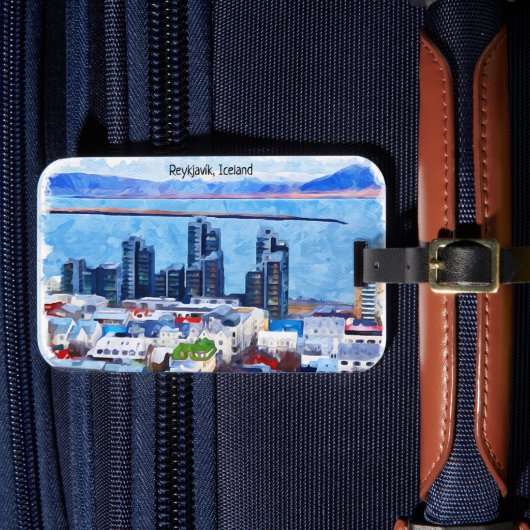 Reykjavík Iceland City Uitzicht Waterverf Bagagelabel (Voorkant Insitu 4)
