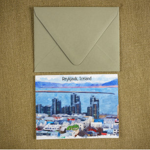 Reykjavík Iceland City Uitzicht Waterverf Briefkaart