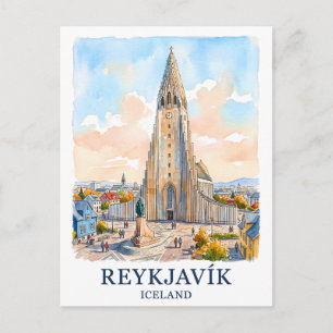 Reykjavik IJsland Kerk Aquarel Silhouet Reis Briefkaart