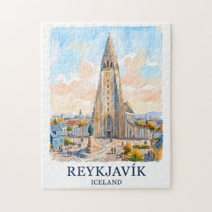 Reykjavik IJsland Kerk Waterverf Silhouet Reis Legpuzzel
