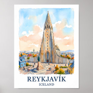 Reykjavik IJsland Kerk Waterverf Silhouet Reis Poster