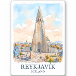 Reykjavik IJsland Kerk Waterverf Silhouet Reis Sticker