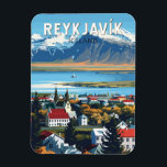 Reykjavík IJsland Travel Art Vintage Magneet<br><div class="desc">Reykjavík retro vector reisontwerp. Reykjavik is de noordelijkste hoofdstad van een soevereine staat ter wereld. Het is een van de schoonste,  groenste en veiligste steden ter wereld.</div>