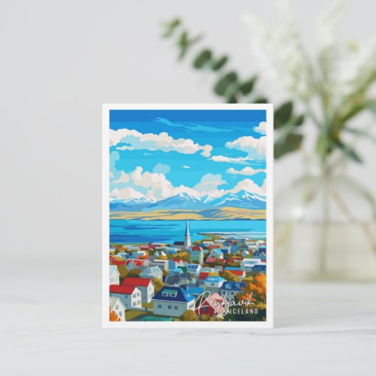 Reykjavik IJsland vintage reisillustratie Briefkaart (Staand voorkant)