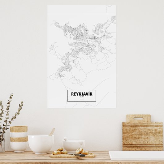 Reykjavik, IJsland (zwart op wit) Poster (Keuken)