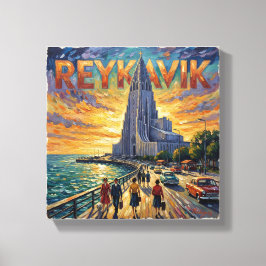 Reykjavik Waterfront Glow Kerk Canvas Afdruk