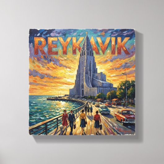 Reykjavik Waterfront Glow Kerk Canvas Afdruk (Voorkant)