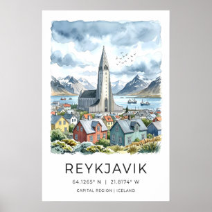 Reykjavik Waterverfprint, Hallgrímskirkja en Poster