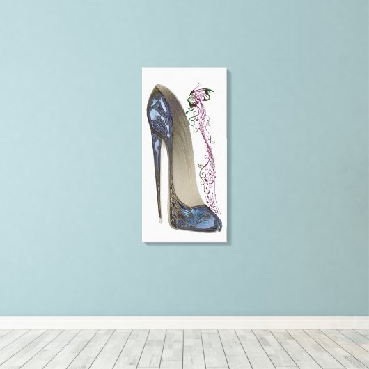 Rhapsody in Blauw Stiletto Schoen Kunst Canvas Pri Afdruk (Insitu (Houten vloer))