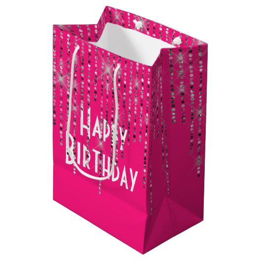 Rhinestone Bling Birthday Roze Medium Cadeauzakje (Voorkant Gekanteld)