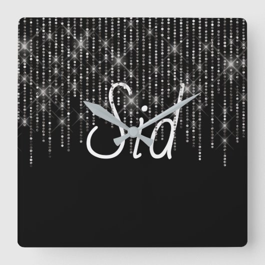 Rhinestone Bling met naam Vierkante Klok (Voorkant)