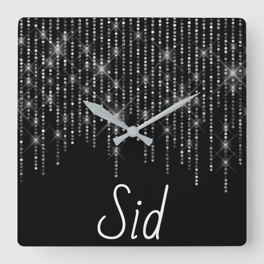 Rhinestone Bling with Name Square Wall Clock Vierkante Klok (Voorkant)