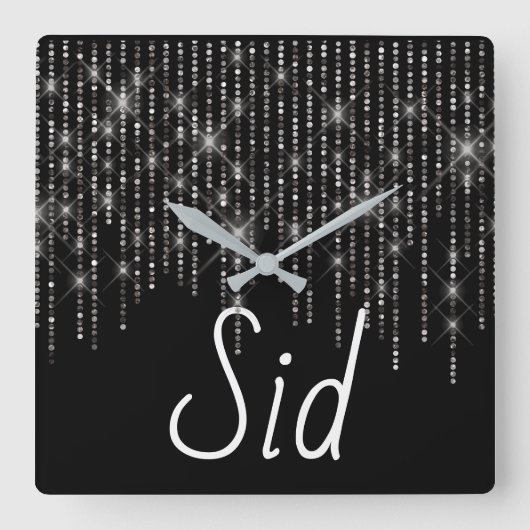 Rhinestone Bling with Name Square Wall Clock Vierkante Klok (Voorkant)
