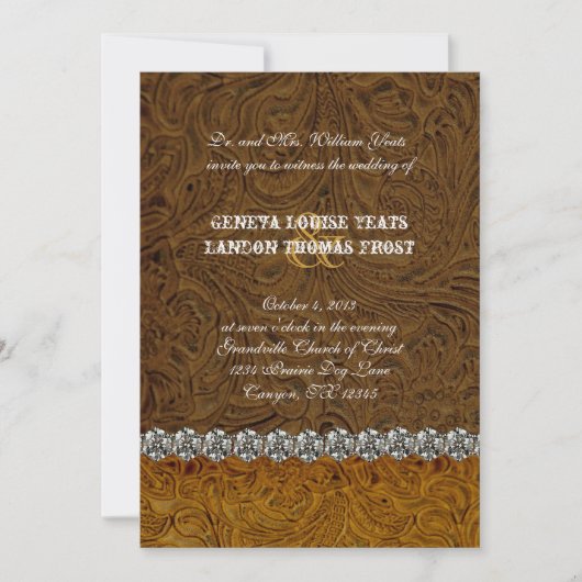 Rhinestone Cowboy Brown Leather Wedding Invitation Kaart (Voorkant)