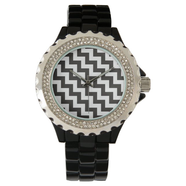 Rhinestone Polshorloge: zwarte en witte Chevrons Horloge (Voorkant)