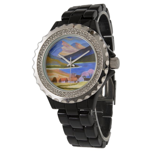 Rhinestone Zwarte Emaille Horloge (Gekanteld)