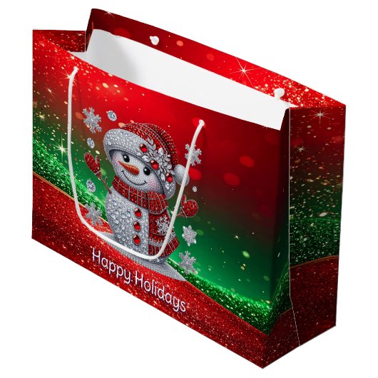 Rhinestones Snowman Holiday Gift Bag Groot Cadeauzakje (Voorkant Gekanteld)
