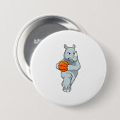 Rhino als Basketbalspeler met Basketball Ronde Button 7,6 Cm (Voorkant /achterkant)