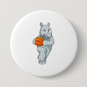 Rhino als Basketbalspeler met Basketball Ronde Button 7,6 Cm