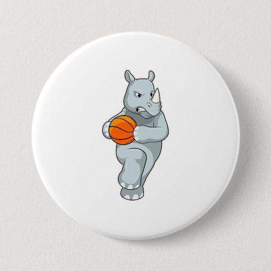 Rhino als Basketbalspeler met Basketball Ronde Button 7,6 Cm (Voorkant)