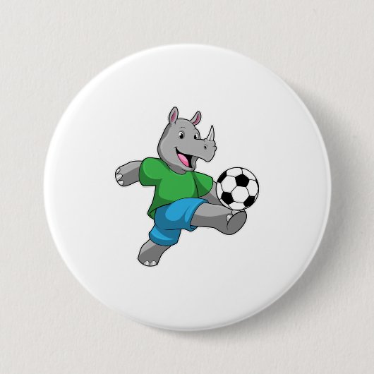 Rhino als voetbalspeler met Voetbal Ronde Button 7,6 Cm (Voorkant)