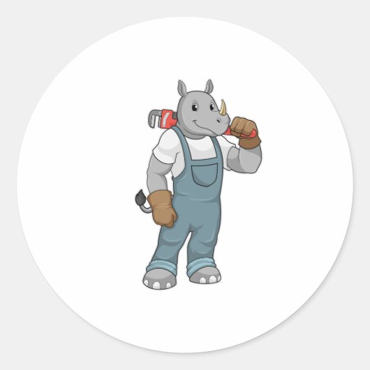 Rhino as Handyman with Water pump plits Ronde Sticker (Voorkant)