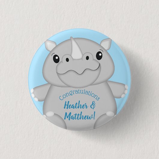Rhino Baby shower Blue Ronde Button 3,2 Cm (Voorkant)