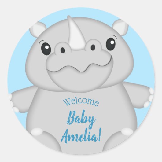 Rhino Baby shower Blue Ronde Sticker (Voorkant)