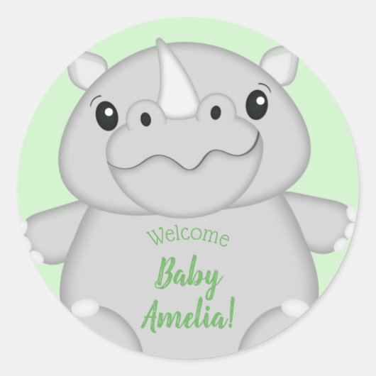 Rhino Baby shower Green Ronde Sticker (Voorkant)