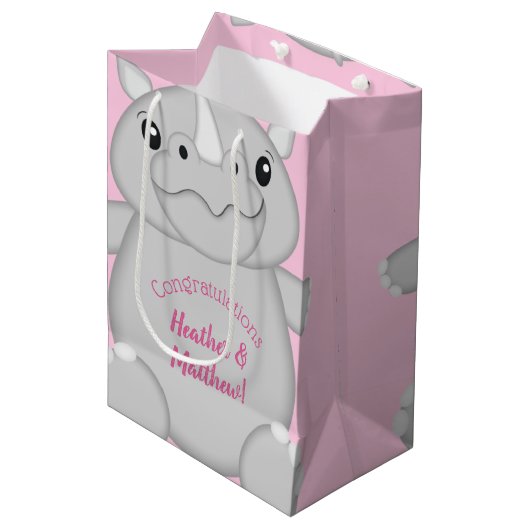 Rhino Baby shower Roze Medium Cadeauzakje (Voorkant Gekanteld)