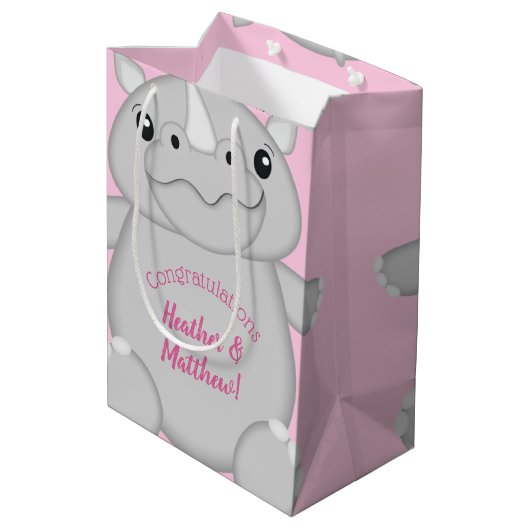 Rhino Baby shower Roze Medium Cadeauzakje (Achterkant Gekanteld)