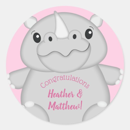 Rhino Baby shower Roze Ronde Sticker (Voorkant)