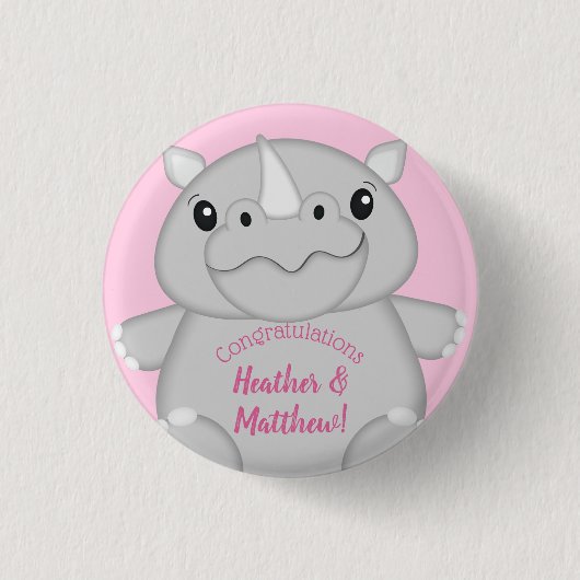 Rhino Baby shower Safari Pink Girl Ronde Button 3,2 Cm (Voorkant)