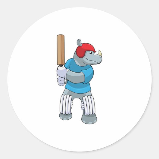 Rhino bij Cricket met cricket bat Ronde Sticker (Voorkant)