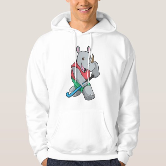 Rhino bij Hockey met Hockey bat Hoodie (Voorkant)